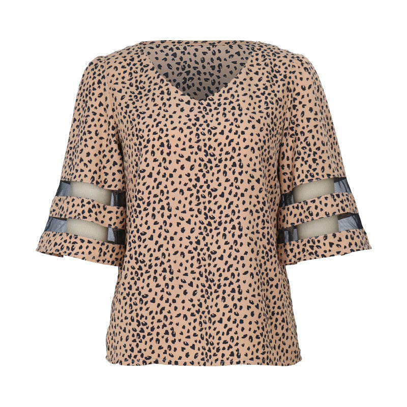 Blouses- Leopard Print Blouse - Women's V-Neck 3/4 Sleeves Top with Mesh Accents- - Chuzko Women Clothing