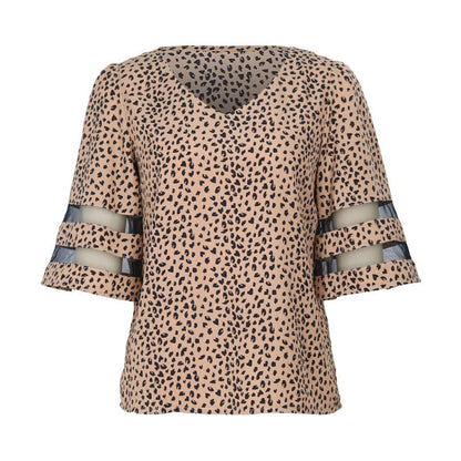 Blouses- Leopard Print Blouse - Women's V-Neck 3/4 Sleeves Top with Mesh Accents- - Chuzko Women Clothing