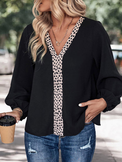 Blouses- Leopard Print Color Block Bishop Sleeve Blouse for Business Casual- Black- Pekosa Women Clothing