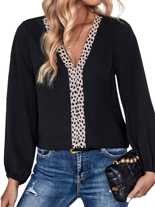 Blouses- Leopard Print Color Block Bishop Sleeve Blouse for Business Casual- - Pekosa Women Clothing