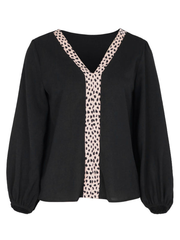 Blouses- Leopard Print Color Block Bishop Sleeve Blouse for Business Casual- - Pekosa Women Clothing