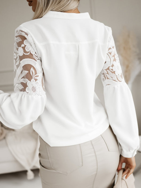 Blouses- Long Sleeve Shirt Blouse with Elegant Lace- - Pekosa Women Clothing