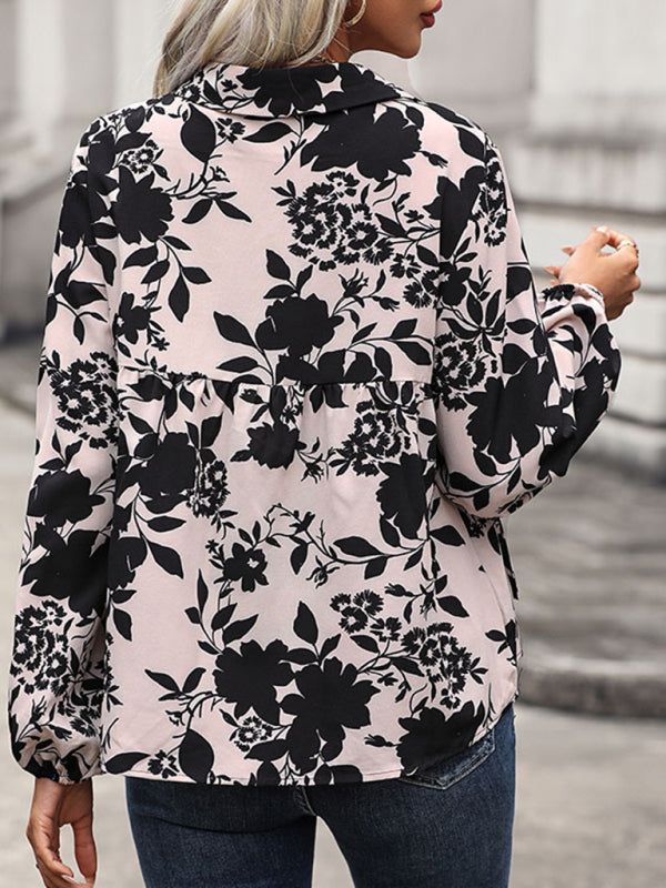 Blouses- Long-Sleeve V-Neck Blouse with Collar in Floral Print- - Pekosa Women Clothing