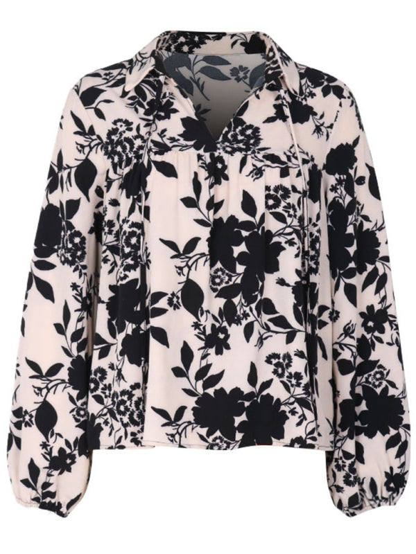 Blouses- Long-Sleeve V-Neck Blouse with Collar in Floral Print- - Pekosa Women Clothing