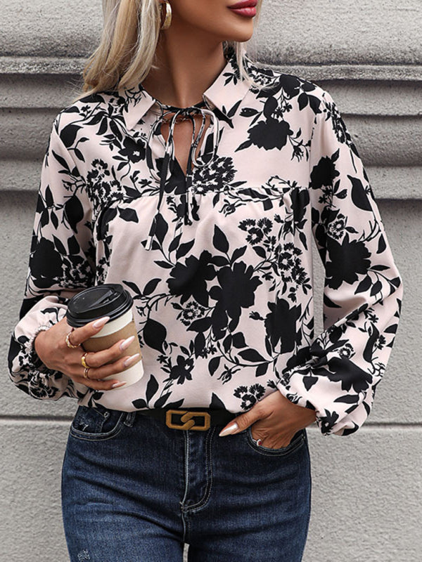 Blouses- Long-Sleeve V-Neck Blouse with Collar in Floral Print- - Pekosa Women Clothing