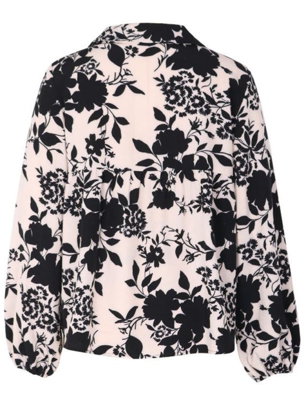 Blouses- Long-Sleeve V-Neck Blouse with Collar in Floral Print- - Pekosa Women Clothing