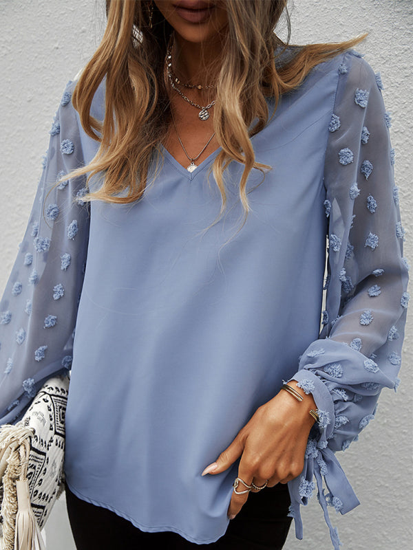 Blouses- Long Sleeves V-Neck Blouse | Swiss Dot Accents Top- Blue- Pekosa Women Clothing