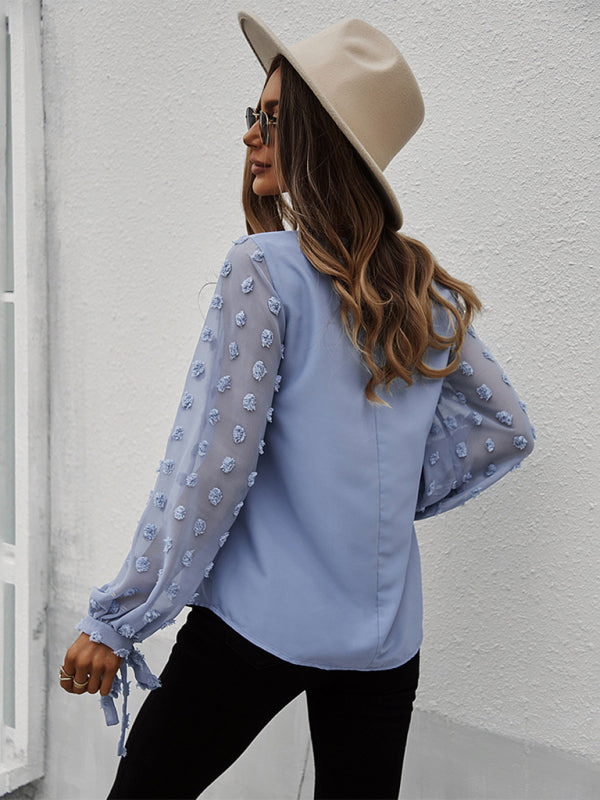 Blouses- Long Sleeves V-Neck Blouse | Swiss Dot Accents Top- - Pekosa Women Clothing