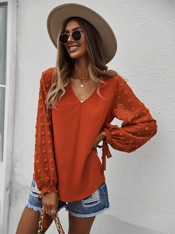 Blouses- Long Sleeves V-Neck Blouse | Swiss Dot Accents Top- - Pekosa Women Clothing