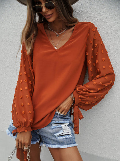 Blouses- Long Sleeves V-Neck Blouse | Swiss Dot Accents Top- - Pekosa Women Clothing