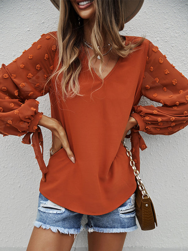 Blouses- Long Sleeves V-Neck Blouse | Swiss Dot Accents Top- - Pekosa Women Clothing