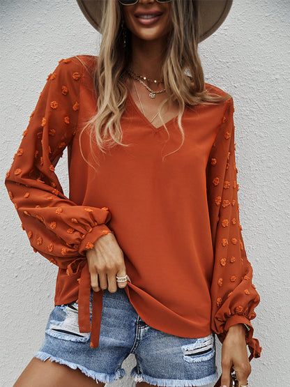 Blouses- Long Sleeves V-Neck Blouse | Swiss Dot Accents Top- Orange- Pekosa Women Clothing