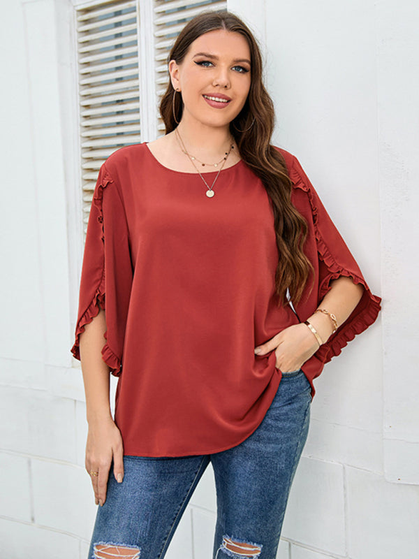 Blouses- Oversized Curvy Half Sleeves Blouse with Frill Accents- - Pekosa Women Fashion