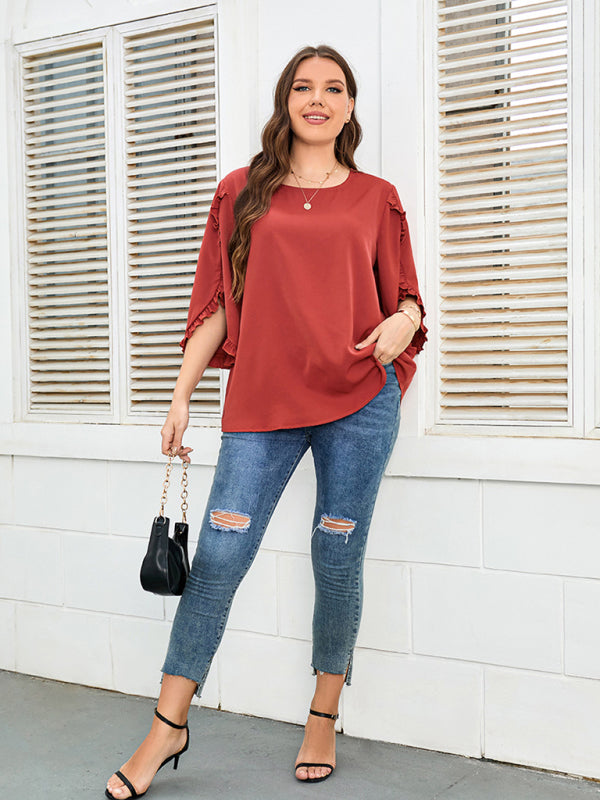 Blouses- Oversized Curvy Half Sleeves Blouse with Frill Accents- - Pekosa Women Fashion