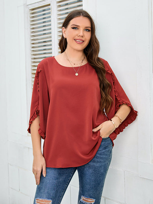 Blouses- Oversized Curvy Half Sleeves Blouse with Frill Accents- - Pekosa Women Fashion