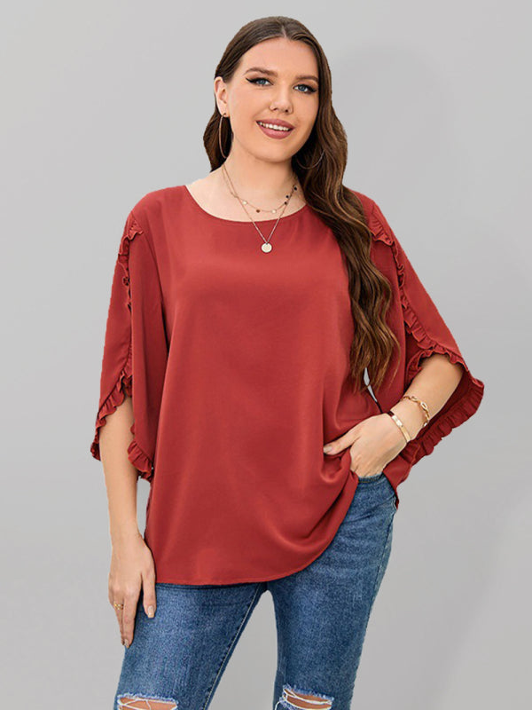 Blouses- Oversized Curvy Half Sleeves Blouse with Frill Accents- Red- Pekosa Women Fashion