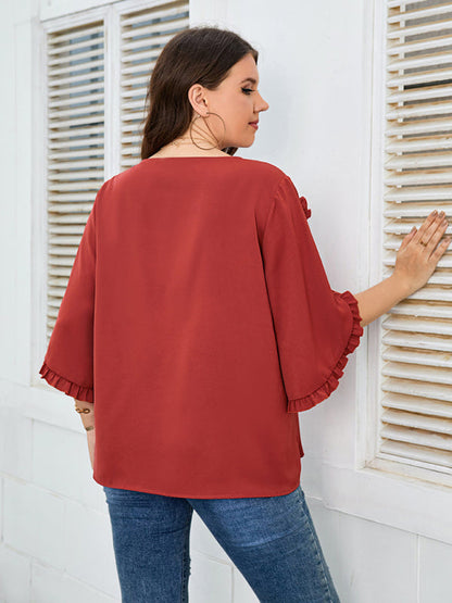 Blouses- Oversized Curvy Half Sleeves Blouse with Frill Accents- - Pekosa Women Fashion