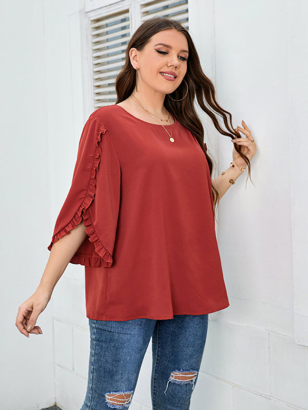 Blouses- Oversized Curvy Half Sleeves Blouse with Frill Accents- - Pekosa Women Fashion