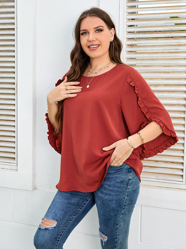 Blouses- Oversized Curvy Half Sleeves Blouse with Frill Accents- - Pekosa Women Fashion