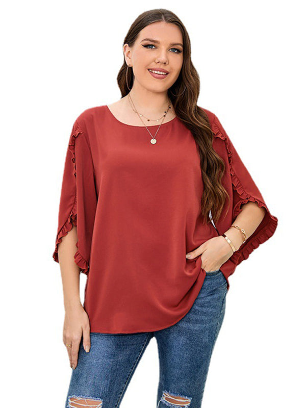 Blouses- Oversized Curvy Half Sleeves Blouse with Frill Accents- - Pekosa Women Fashion