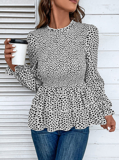 Blouses- Peplum Blouse With Long Sleeves and Smocked Waist in Leopard Print- - Pekosa Women Clothing