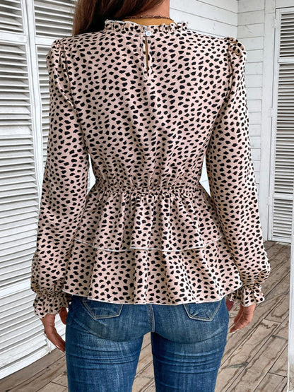 Blouses- Peplum Blouse With Long Sleeves and Smocked Waist in Leopard Print- - Pekosa Women Clothing