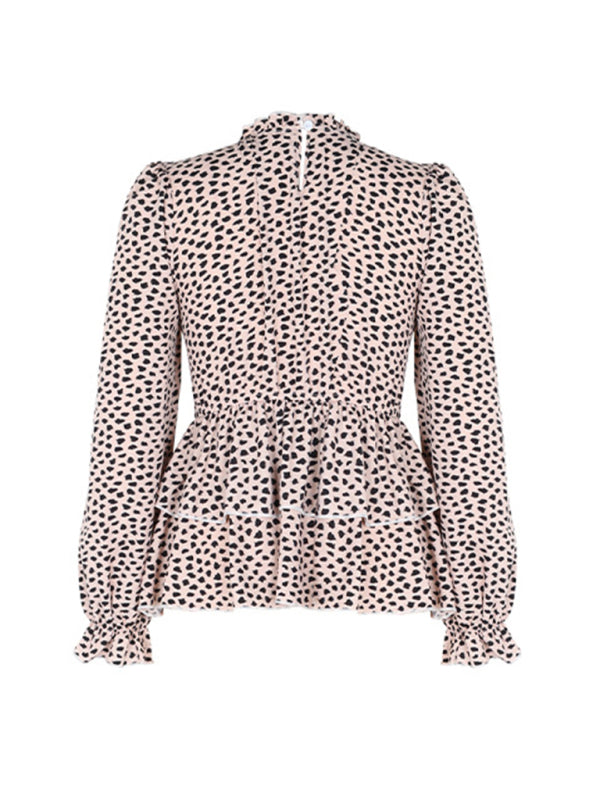 Blouses- Peplum Blouse With Long Sleeves and Smocked Waist in Leopard Print- - Pekosa Women Clothing