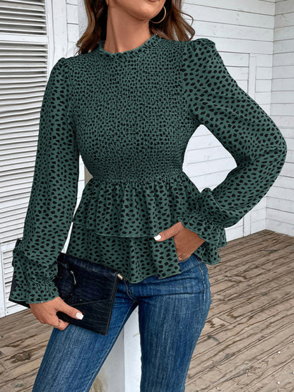 Blouses- Peplum Blouse With Long Sleeves and Smocked Waist in Leopard Print- - Pekosa Women Clothing