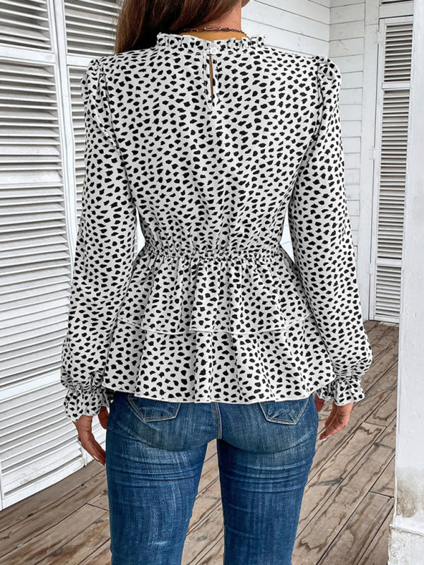 Blouses- Peplum Blouse With Long Sleeves and Smocked Waist in Leopard Print- - Pekosa Women Clothing