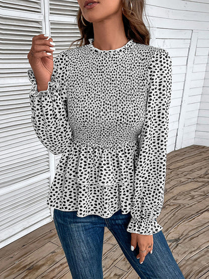 Blouses- Peplum Blouse With Long Sleeves and Smocked Waist in Leopard Print- White- Pekosa Women Clothing