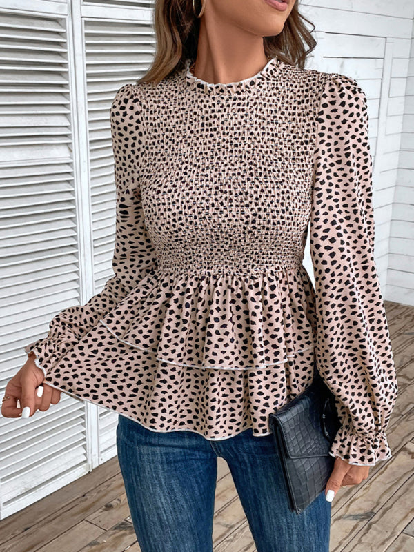 Blouses- Peplum Blouse With Long Sleeves and Smocked Waist in Leopard Print- - Pekosa Women Clothing