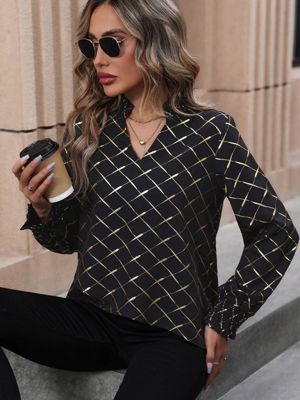 Blouses- Radiant Classy Elegant Gold Print V-Neck Blouse with Delicate Frills- - Pekosa Women Clothing