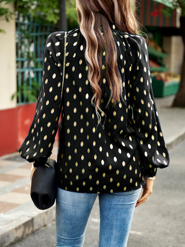 Blouses- Radiate Elegance with our Gold Polka Dotted Choker Neck Tunic Top!- - Pekosa Women Clothing