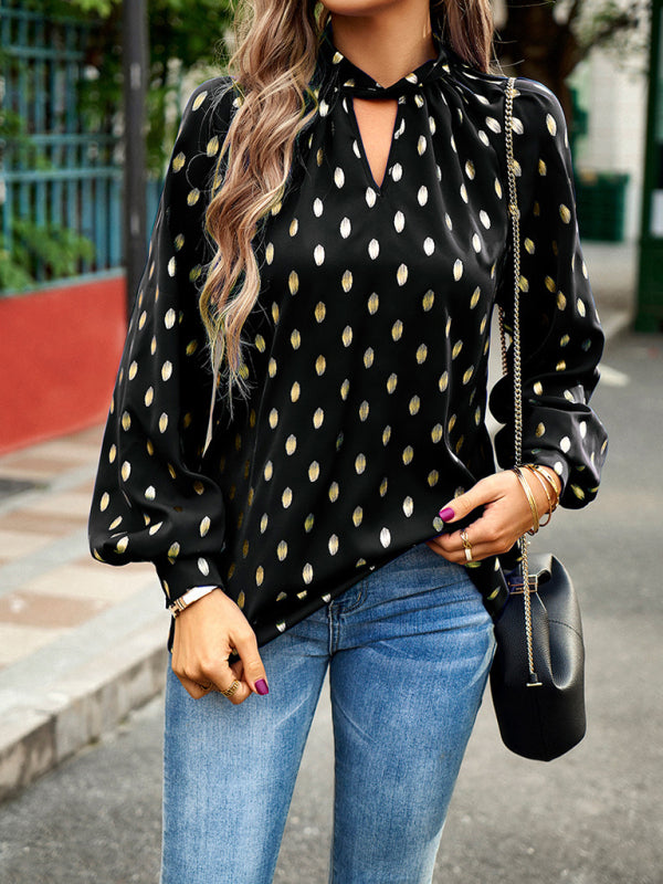 Blouses- Radiate Elegance with our Gold Polka Dotted Choker Neck Tunic Top!- - Pekosa Women Clothing