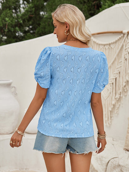 Blouses- Romantic V-Neck Blouse | Textured Love Theme Puff Sleeve Top- - Pekosa Women Clothing