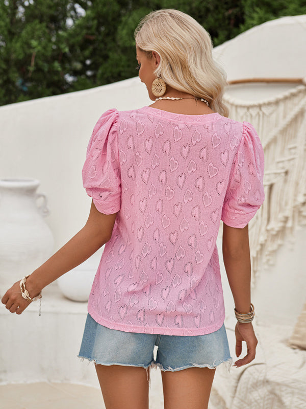 Blouses- Romantic V-Neck Blouse | Textured Love Theme Puff Sleeve Top- - Pekosa Women Clothing