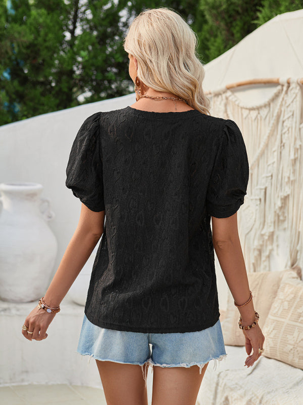 Blouses- Romantic V-Neck Blouse | Textured Love Theme Puff Sleeve Top- - Pekosa Women Clothing