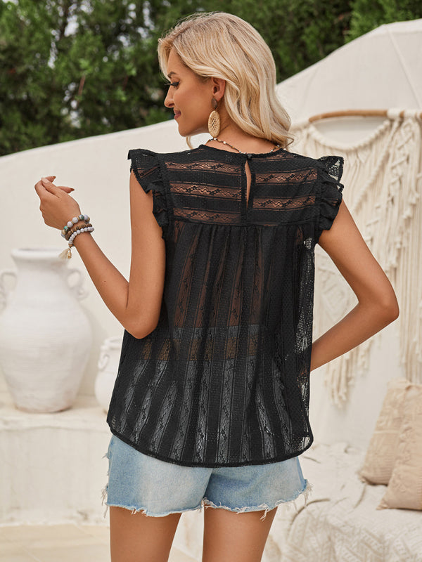 Blouses- Ruffle Accents Blouse | Textured Crew Neck Sleeveless Top for Spring- - Pekosa Women Clothing