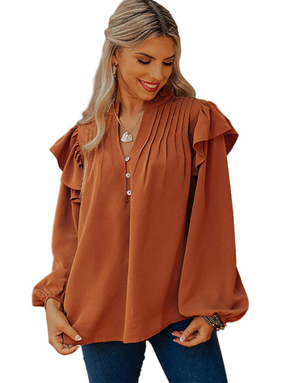 Blouses- Ruffle Accents Long Sleeve Blouse | Button-Up Bishop Sleeve Top- - Pekosa Women Clothing