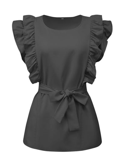 Blouses- Ruffle Belted Blouse- - Pekosa Women Clothing