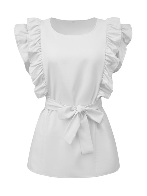 Blouses- Ruffle Belted Blouse- - Pekosa Women Clothing