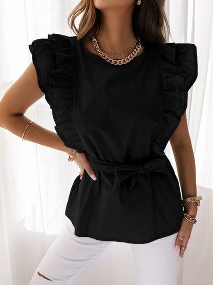 Blouses- Ruffle Belted Blouse- Black- Pekosa Women Clothing