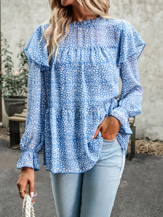 Blouses- Ruffle Collar Floral Blouse - Tiered Accents, Long Sleeve Top- Blue- Pekosa Women Clothing