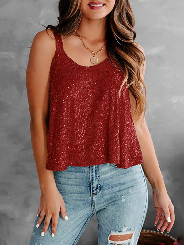 Blouses- Sequined Sleeveless Blouse - Sparkle Cami Flowy Top- Wine Red- Pekosa Women Clothing