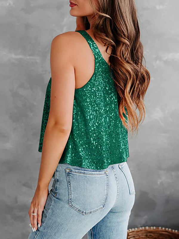 Blouses- Sequined Sleeveless Blouse - Sparkle Cami Flowy Top- - Pekosa Women Clothing