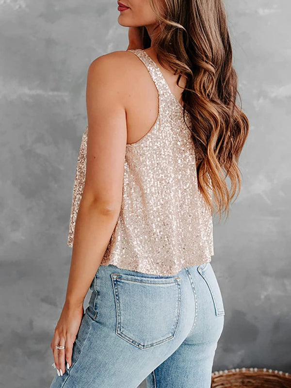 Blouses- Sequined Sleeveless Blouse - Sparkle Cami Flowy Top- - Pekosa Women Clothing