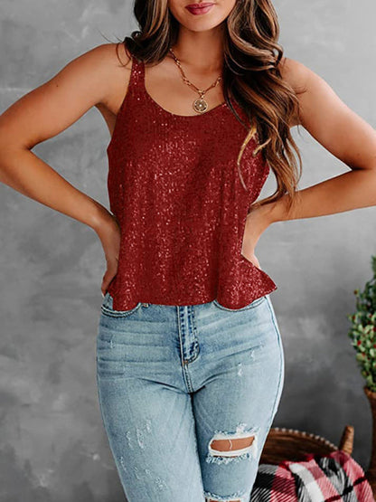 Blouses- Sequined Sleeveless Blouse - Sparkle Cami Flowy Top- - Pekosa Women Clothing