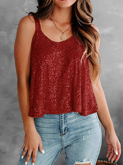 Blouses- Sequined Sleeveless Blouse - Sparkle Cami Flowy Top- - Pekosa Women Clothing