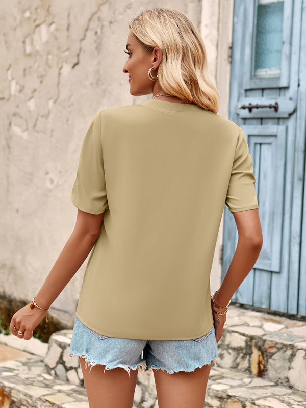 Blouses- Short Sleeve Blouse | Solid V Neck Summer Top- - Pekosa Women Clothing