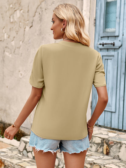 Blouses- Short Sleeve Blouse | Solid V Neck Summer Top- - Pekosa Women Clothing